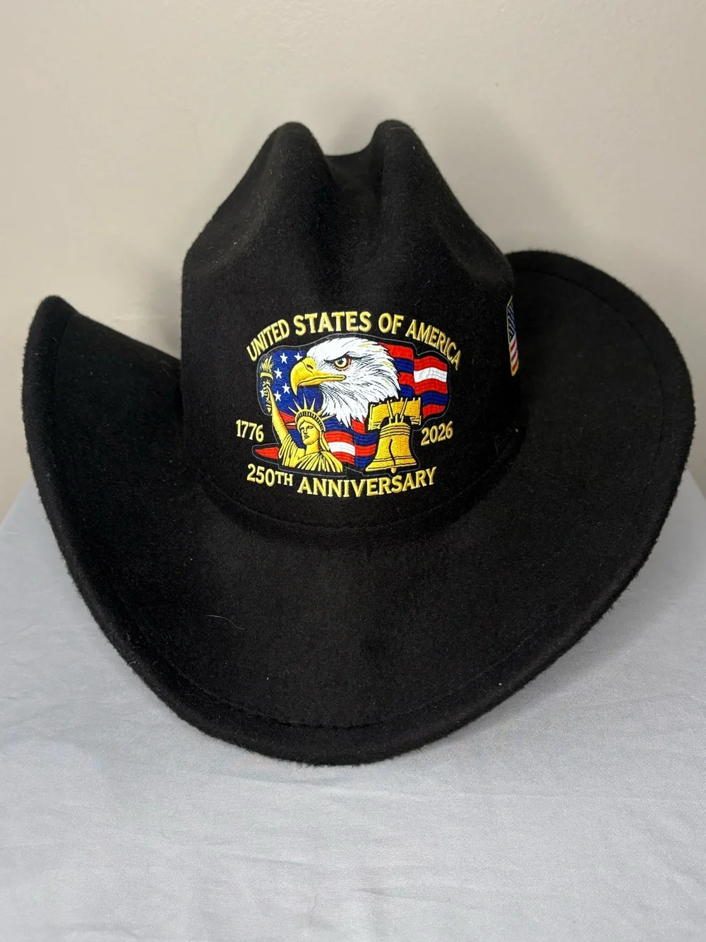 Black Felt Cowboy Hat with Patriotic 250th Anniversary Patch